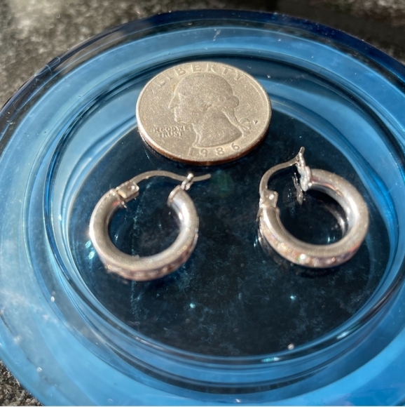 Solid 14KT White Gold & White Sapphire Hoop Earrings - Picture 14 of 14